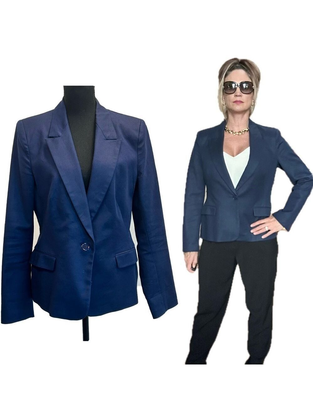 Zara navy blue single breasted tailored fitted blazer jacket Sz XL preppy classy